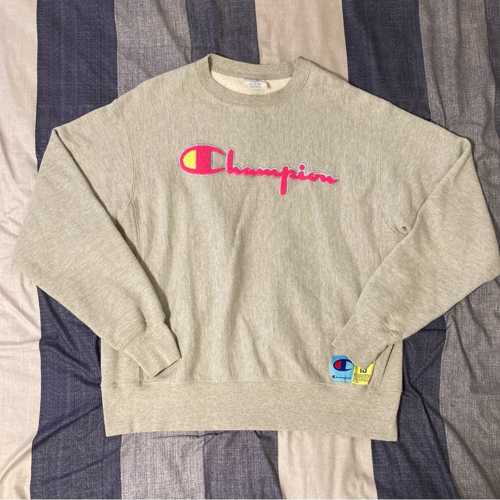 Champion Reverse Weave Mens Crewneck Sweatshirt Sz L Grey Pink Spellout
